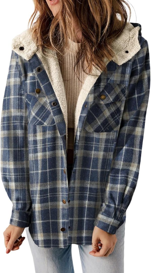 Dokotoo Womens Plaid Shacket Jacket Long Sleeve Button Down Fleece Hooded Jackets Warm Coat - Image 35
