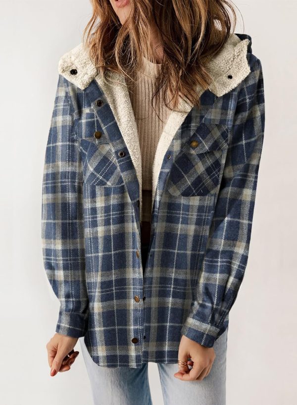 Dokotoo Womens Plaid Shacket Jacket Long Sleeve Button Down Fleece Hooded Jackets Warm Coat - Image 36