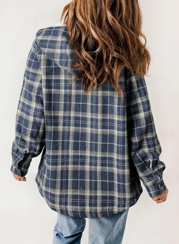 Dokotoo Womens Plaid Shacket Jacket Long Sleeve Button Down Fleece Hooded Jackets Warm Coat - Image 37