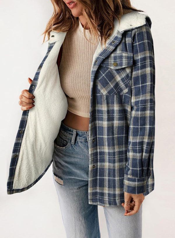 Dokotoo Womens Plaid Shacket Jacket Long Sleeve Button Down Fleece Hooded Jackets Warm Coat - Image 38