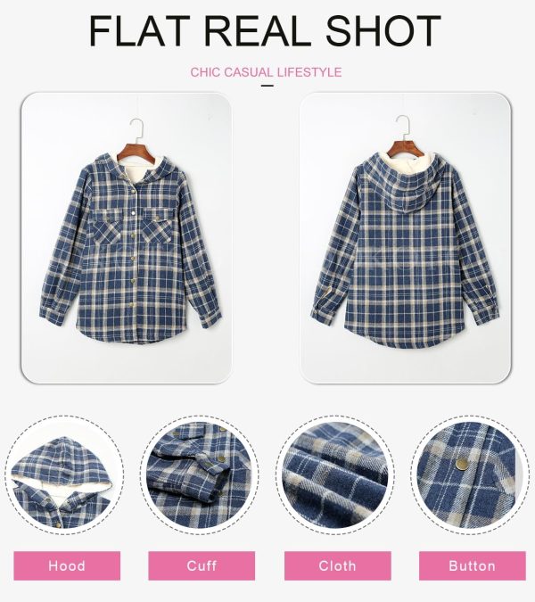 Dokotoo Womens Plaid Shacket Jacket Long Sleeve Button Down Fleece Hooded Jackets Warm Coat - Image 39
