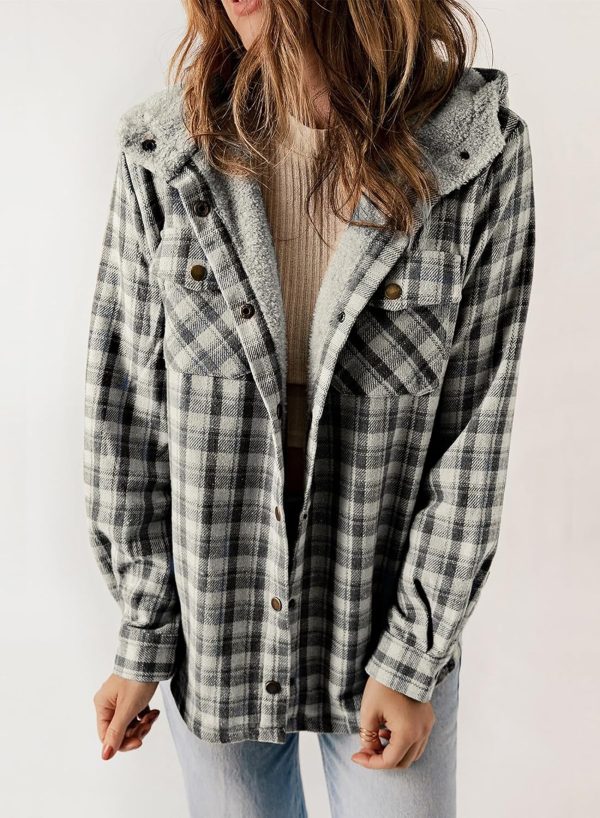 Dokotoo Womens Plaid Shacket Jacket Long Sleeve Button Down Fleece Hooded Jackets Warm Coat - Image 41