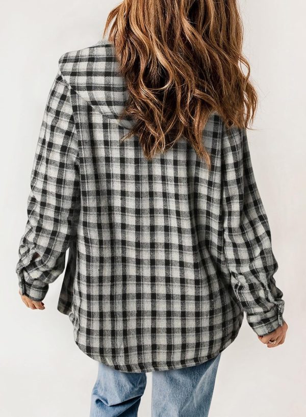 Dokotoo Womens Plaid Shacket Jacket Long Sleeve Button Down Fleece Hooded Jackets Warm Coat - Image 42