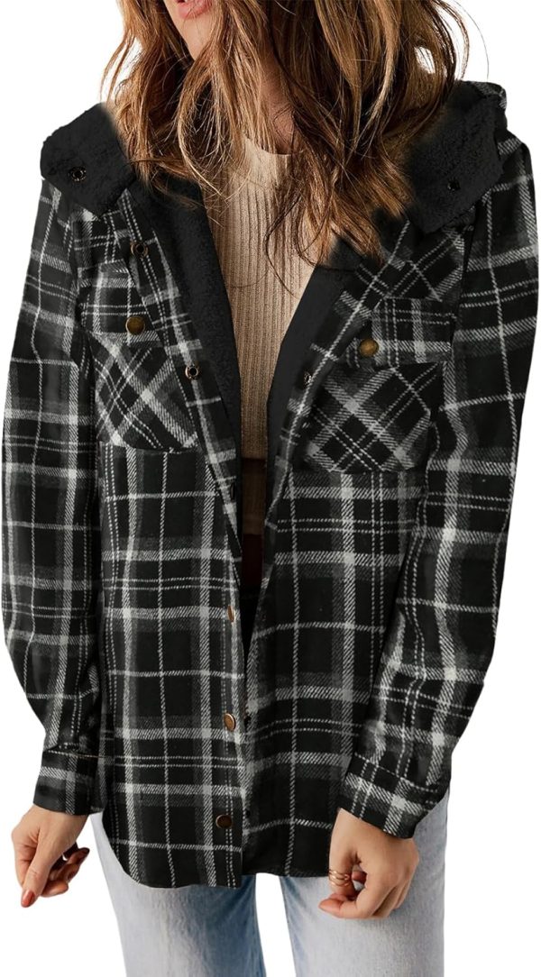 Dokotoo Womens Plaid Shacket Jacket Long Sleeve Button Down Fleece Hooded Jackets Warm Coat - Image 45