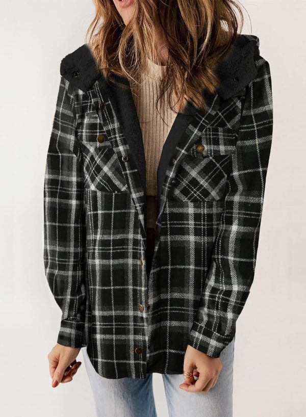 Dokotoo Womens Plaid Shacket Jacket Long Sleeve Button Down Fleece Hooded Jackets Warm Coat - Image 46