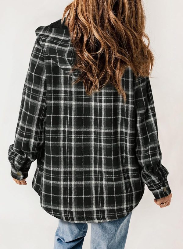 Dokotoo Womens Plaid Shacket Jacket Long Sleeve Button Down Fleece Hooded Jackets Warm Coat - Image 47