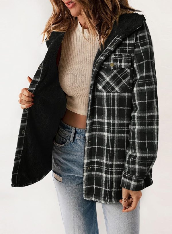 Dokotoo Womens Plaid Shacket Jacket Long Sleeve Button Down Fleece Hooded Jackets Warm Coat - Image 48