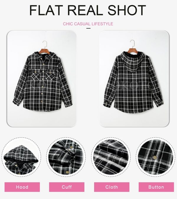 Dokotoo Womens Plaid Shacket Jacket Long Sleeve Button Down Fleece Hooded Jackets Warm Coat - Image 49