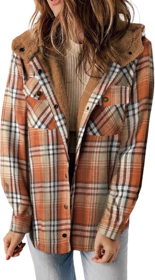 Dokotoo Womens Plaid Shacket Jacket Long Sleeve Button Down Fleece Hooded Jackets Warm Coat - Image 50