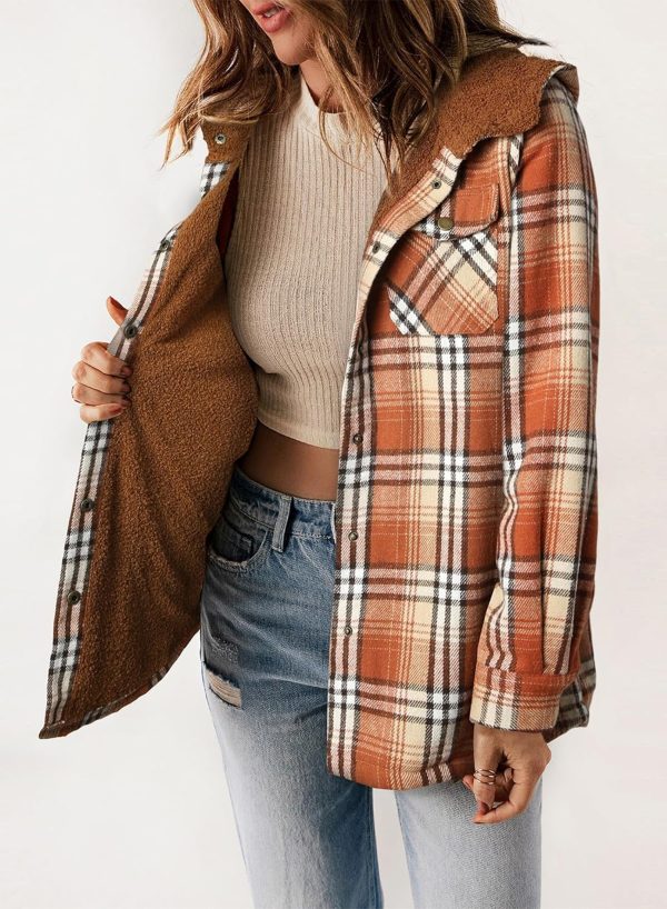 Dokotoo Womens Plaid Shacket Jacket Long Sleeve Button Down Fleece Hooded Jackets Warm Coat - Image 51