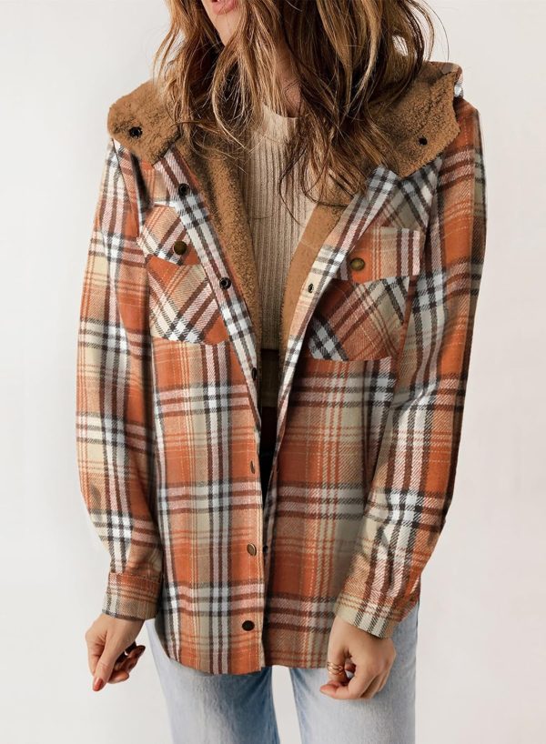 Dokotoo Womens Plaid Shacket Jacket Long Sleeve Button Down Fleece Hooded Jackets Warm Coat - Image 55
