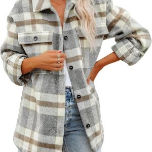 Dokotoo Womens Casual Plaid Button Down Long Sleeve Shirts Flannel Shacket Jacket Coats
