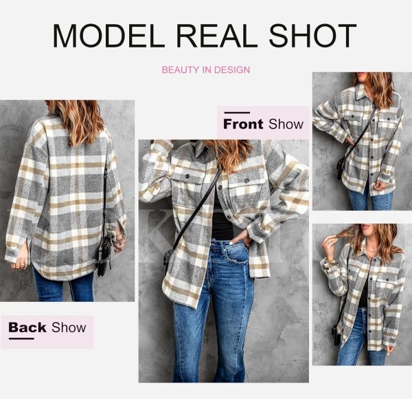 Dokotoo Womens Casual Plaid Button Down Long Sleeve Shirts Flannel Shacket Jacket Coats - Image 3