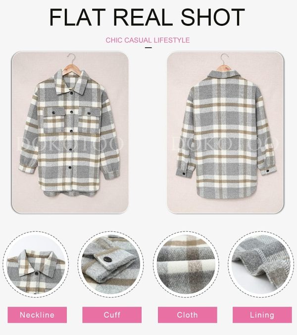 Dokotoo Womens Casual Plaid Button Down Long Sleeve Shirts Flannel Shacket Jacket Coats - Image 4