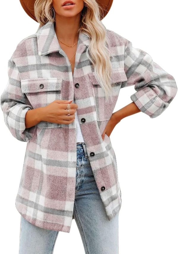 Dokotoo Womens Casual Plaid Button Down Long Sleeve Shirts Flannel Shacket Jacket Coats - Image 9