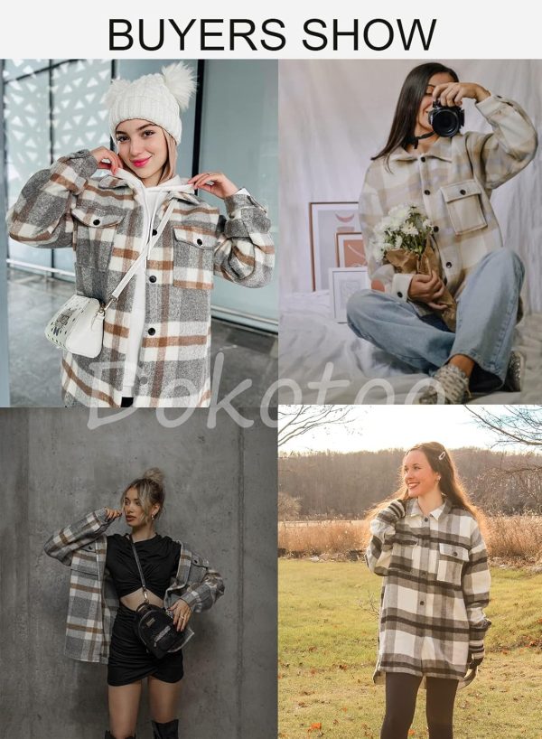 Dokotoo Womens Casual Plaid Button Down Long Sleeve Shirts Flannel Shacket Jacket Coats - Image 11